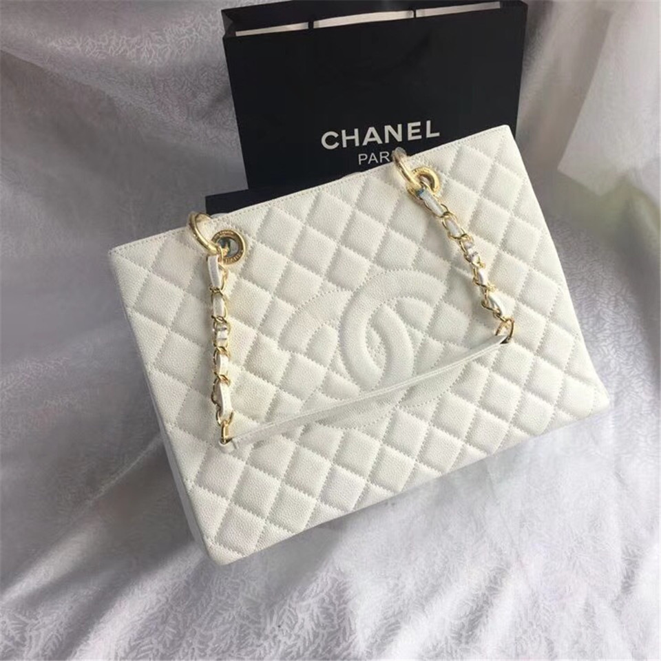 Ch**el original caviar calfskin shopping tote white bag with gold hardware