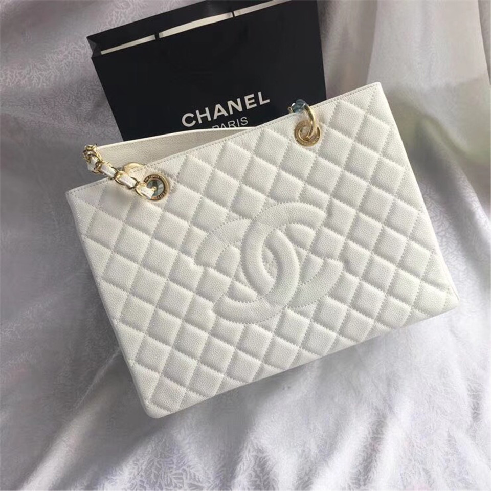 Ch**el original caviar calfskin shopping tote white bag with gold hardware