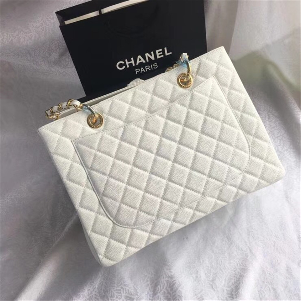 Ch**el original caviar calfskin shopping tote white bag with gold hardware