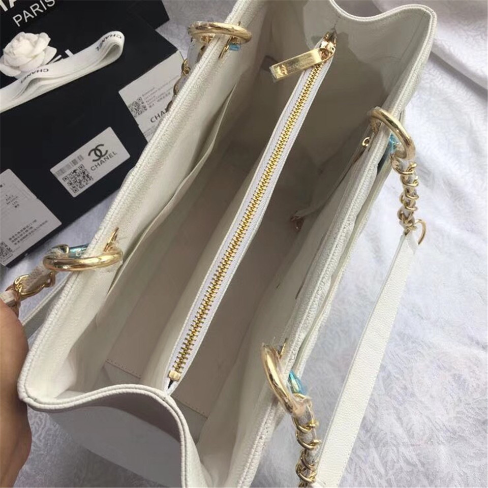 Ch**el original caviar calfskin shopping tote white bag with gold hardware