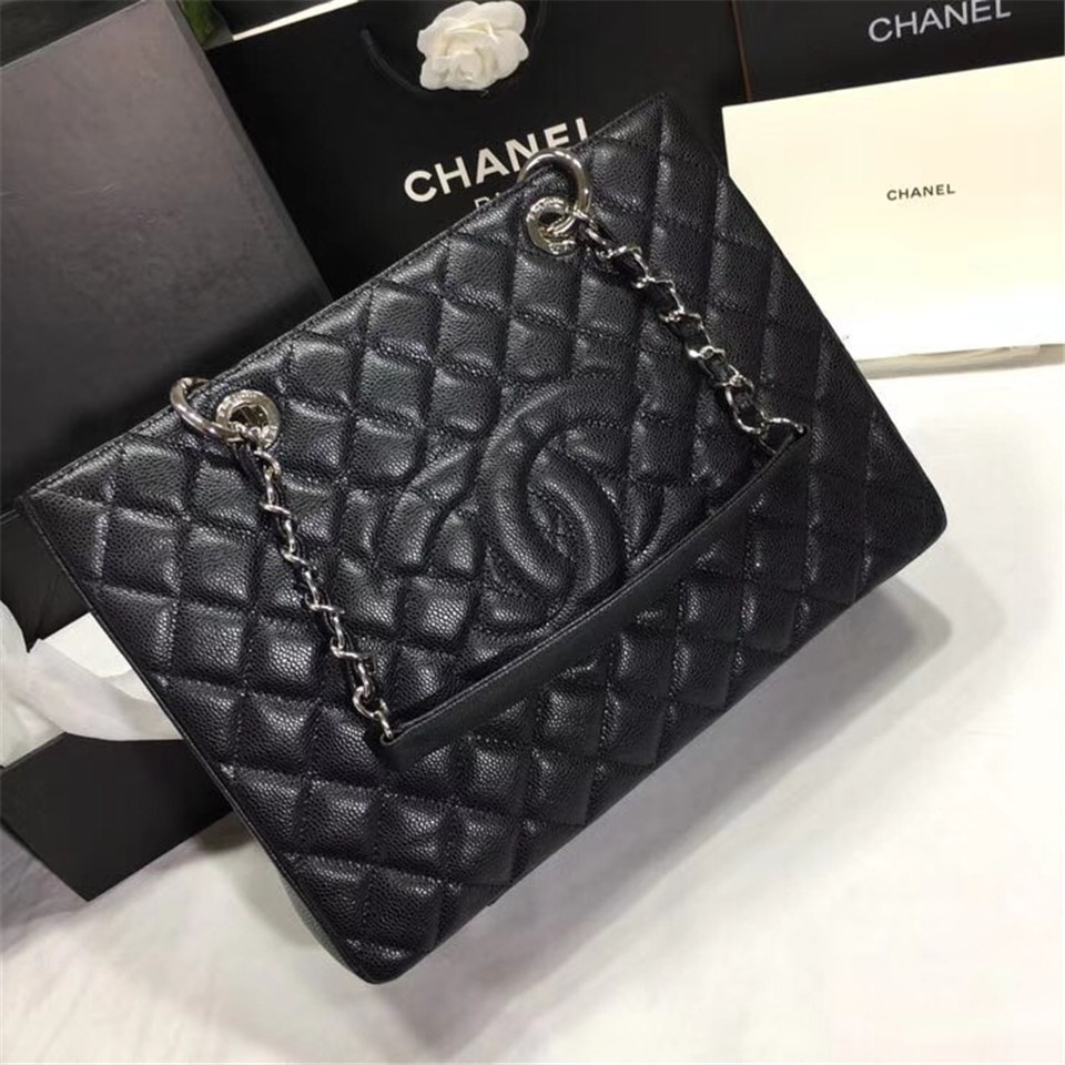 Ch**el original caviar calfskin shopping tote black bag with silver hardware