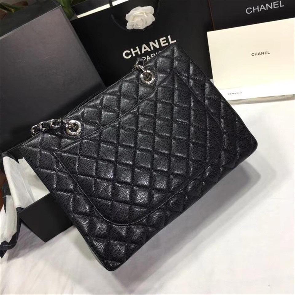 Ch**el original caviar calfskin shopping tote black bag with silver hardware