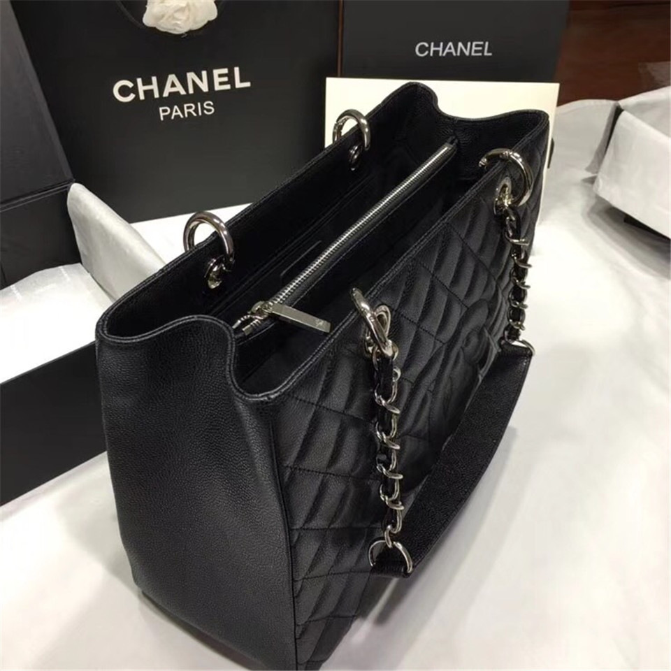Ch**el original caviar calfskin shopping tote black bag with silver hardware