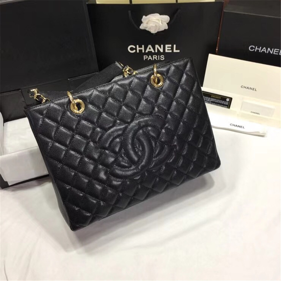 Ch**el original caviar calfskin shopping tote black bag with gold hardware