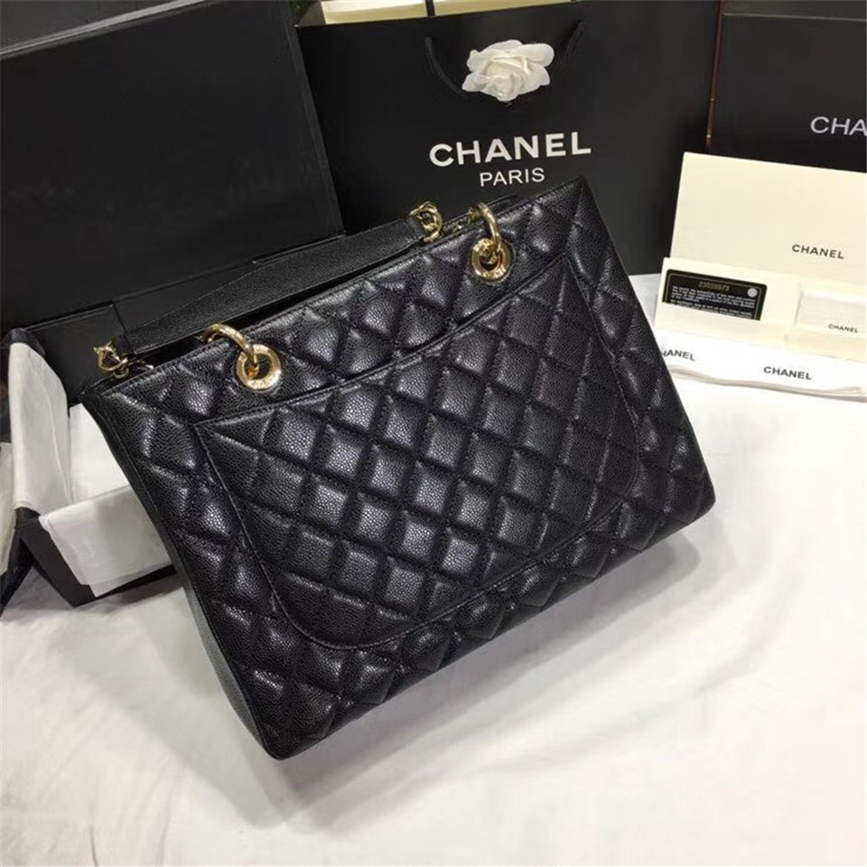 Ch**el original caviar calfskin shopping tote black bag with gold hardware