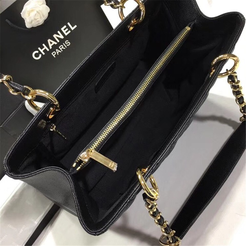 Ch**el original caviar calfskin shopping tote black bag with gold hardware