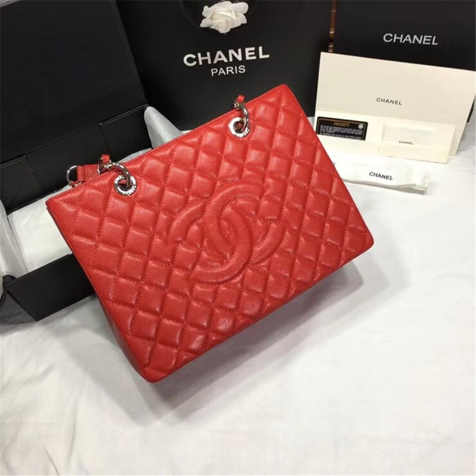 Ch**el original caviar calfskin shopping tote Red bag with silver hardware
