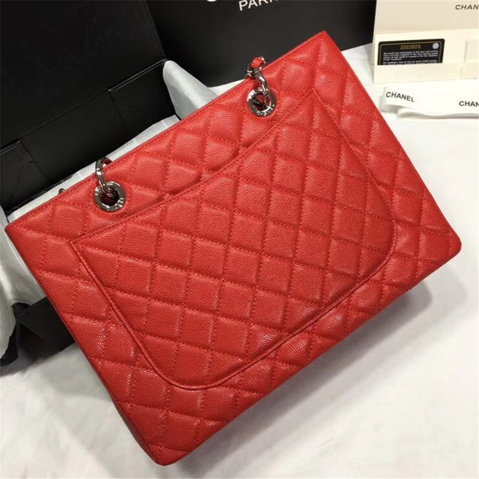 Ch**el original caviar calfskin shopping tote Red bag with silver hardware