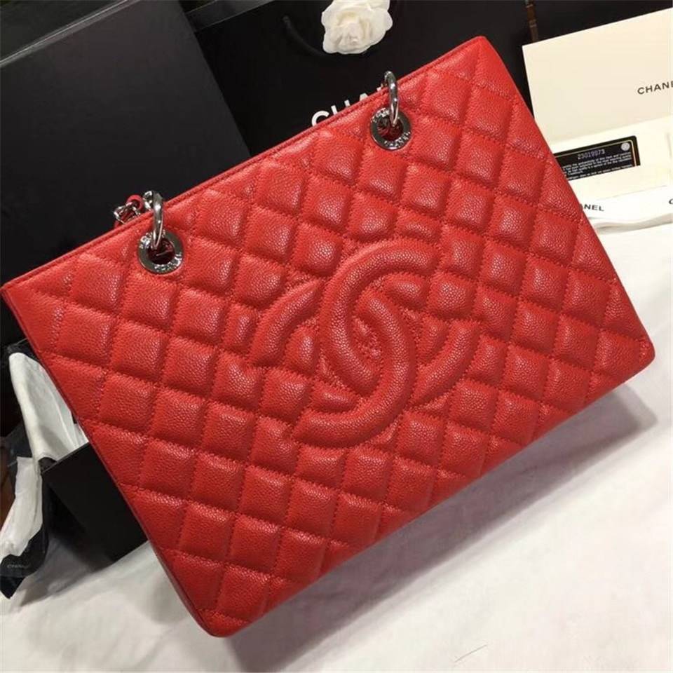 Ch**el original caviar calfskin shopping tote Red bag with silver hardware