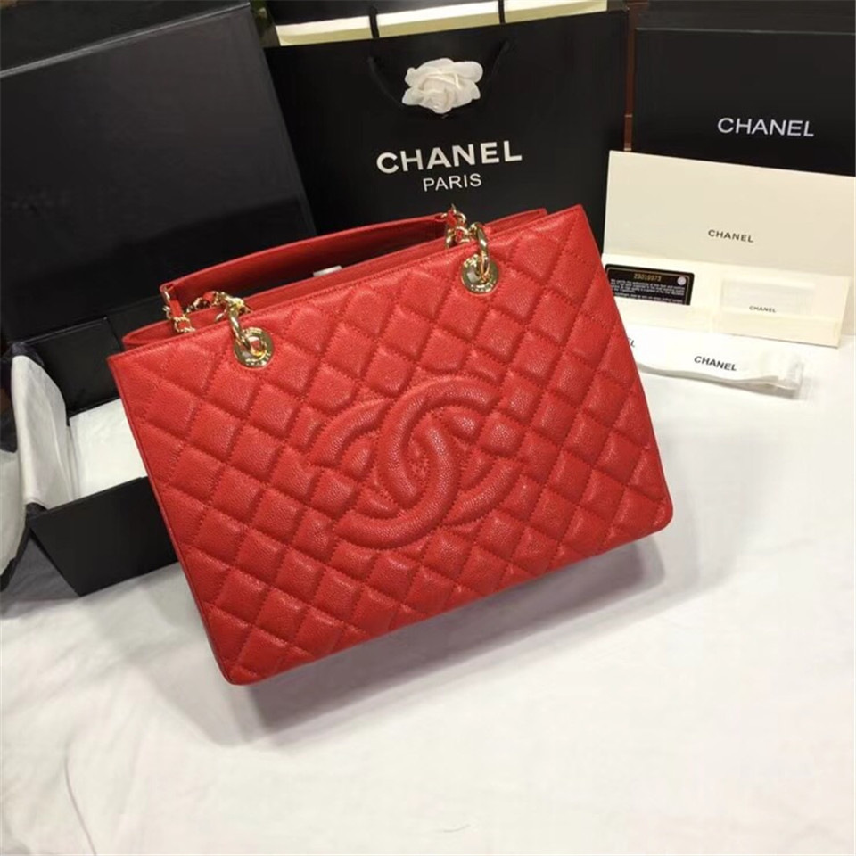 Ch**el original caviar calfskin shopping tote Red bag with gold hardware