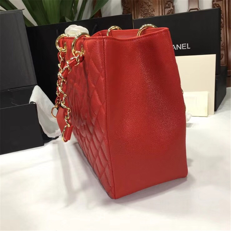 Ch**el original caviar calfskin shopping tote Red bag with gold hardware