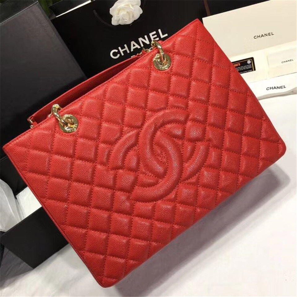 Ch**el original caviar calfskin shopping tote Red bag with gold hardware