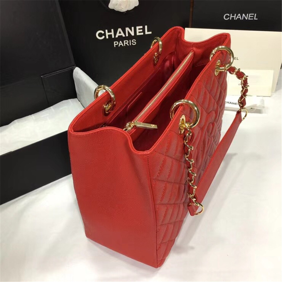 Ch**el original caviar calfskin shopping tote Red bag with gold hardware