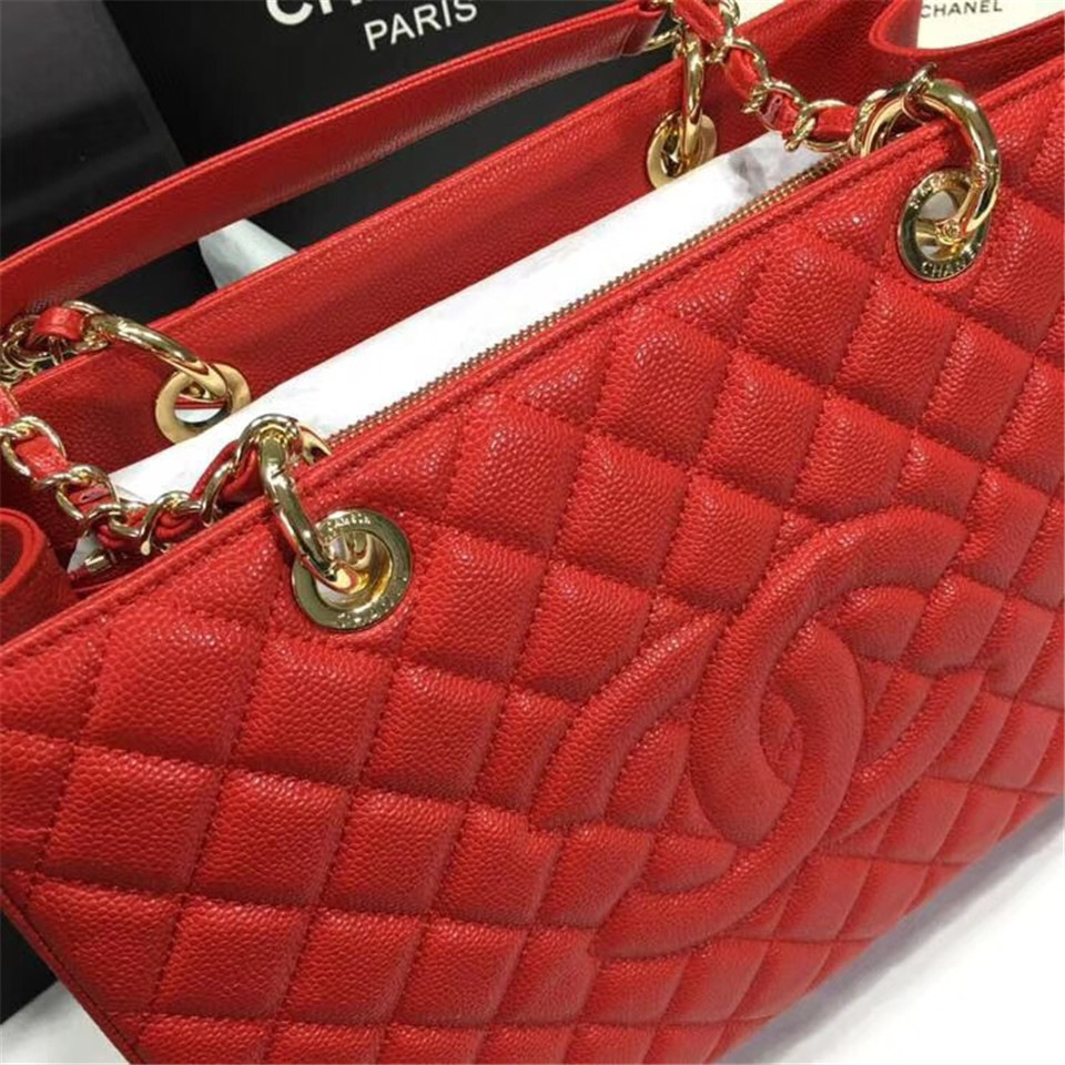 Ch**el original caviar calfskin shopping tote Red bag with gold hardware