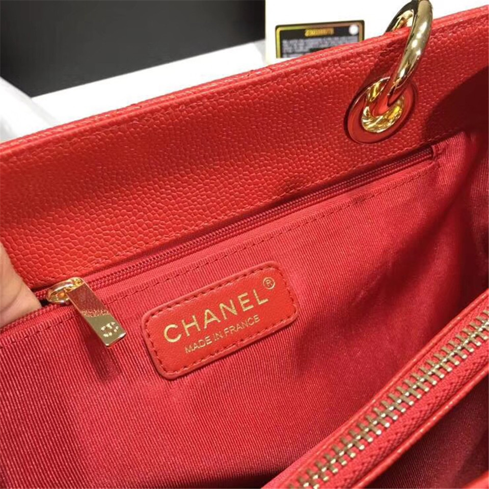 Ch**el original caviar calfskin shopping tote Red bag with gold hardware