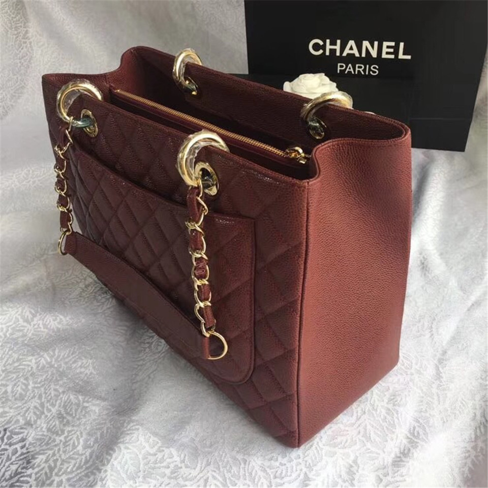 Ch**el original caviar calfskin shopping tote Wine Red bag with gold hardware