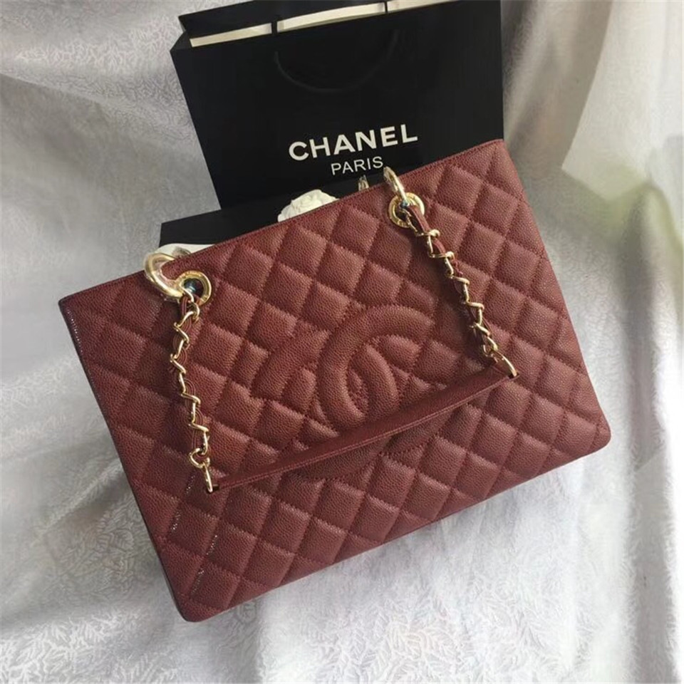 Ch**el original caviar calfskin shopping tote Wine Red bag with gold hardware