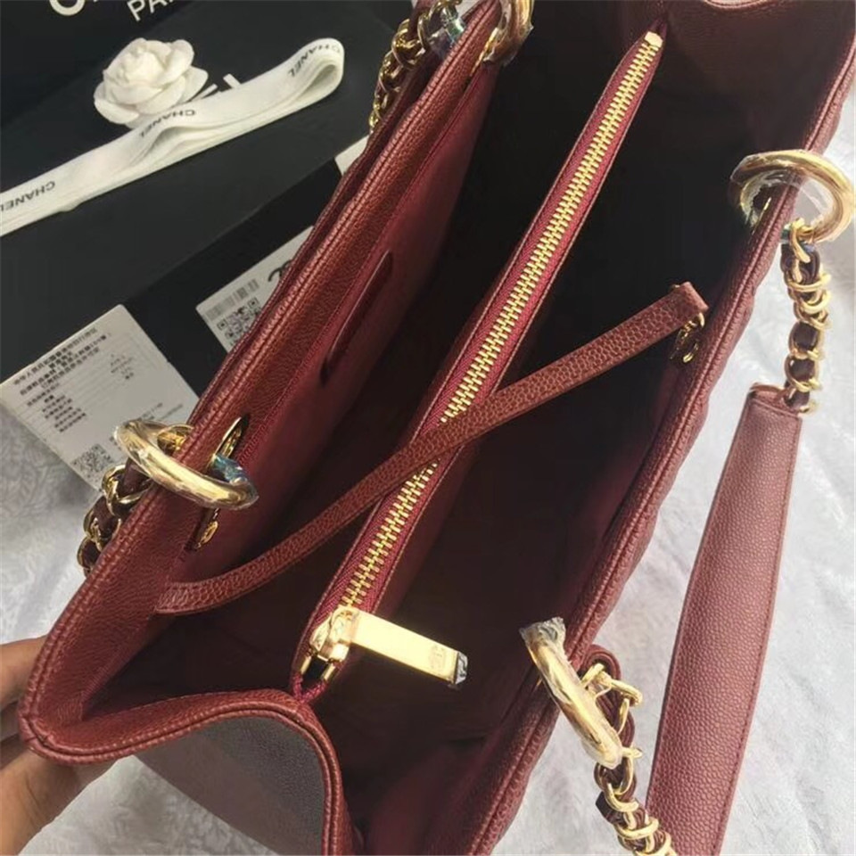 Ch**el original caviar calfskin shopping tote Wine Red bag with gold hardware