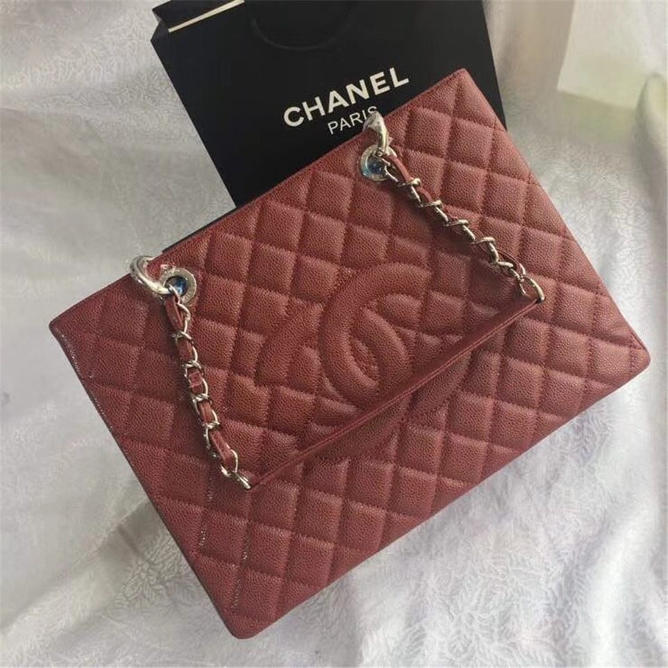 Ch**el original caviar calfskin shopping tote Wine Red bag with silver hardware