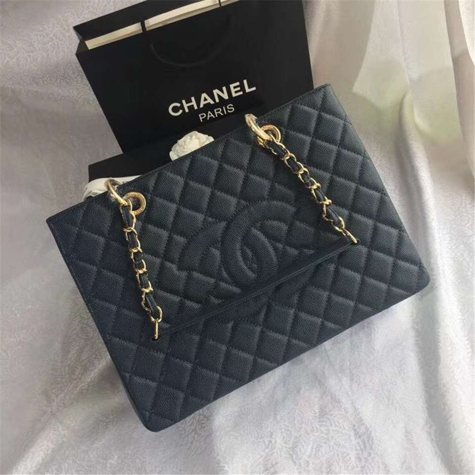 Ch**el original caviar calfskin shopping tote Navy blue bag with gold hardware
