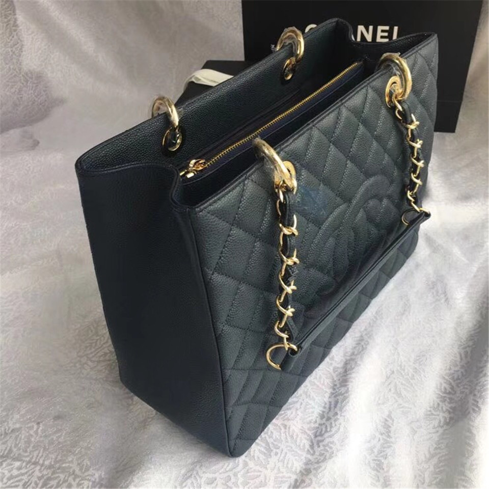 Ch**el original caviar calfskin shopping tote Navy blue bag with gold hardware