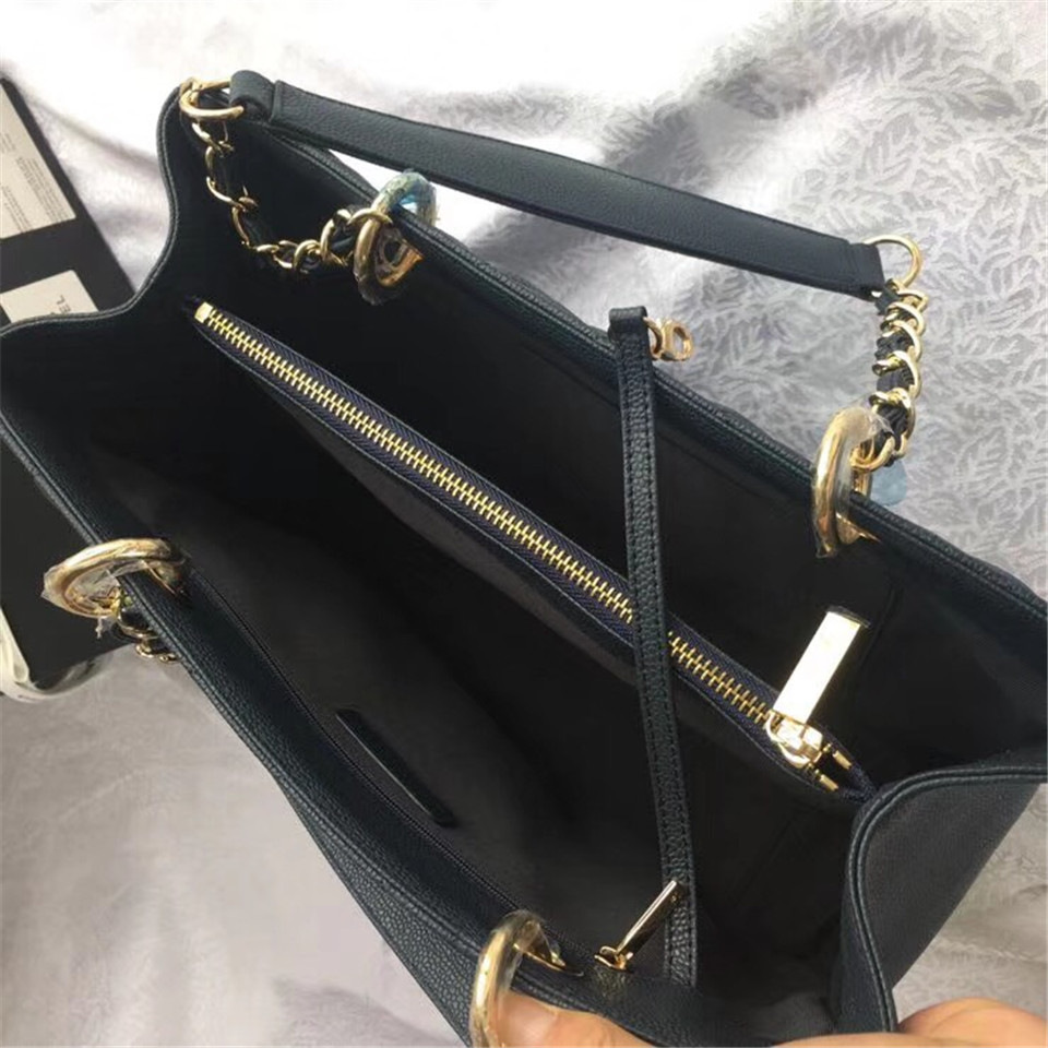 Ch**el original caviar calfskin shopping tote Navy blue bag with gold hardware