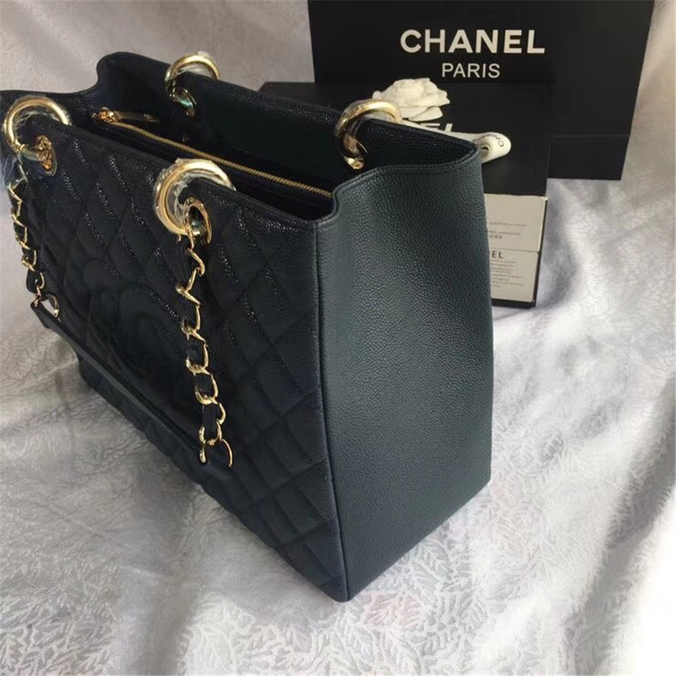 Ch**el original caviar calfskin shopping tote Navy blue bag with gold hardware