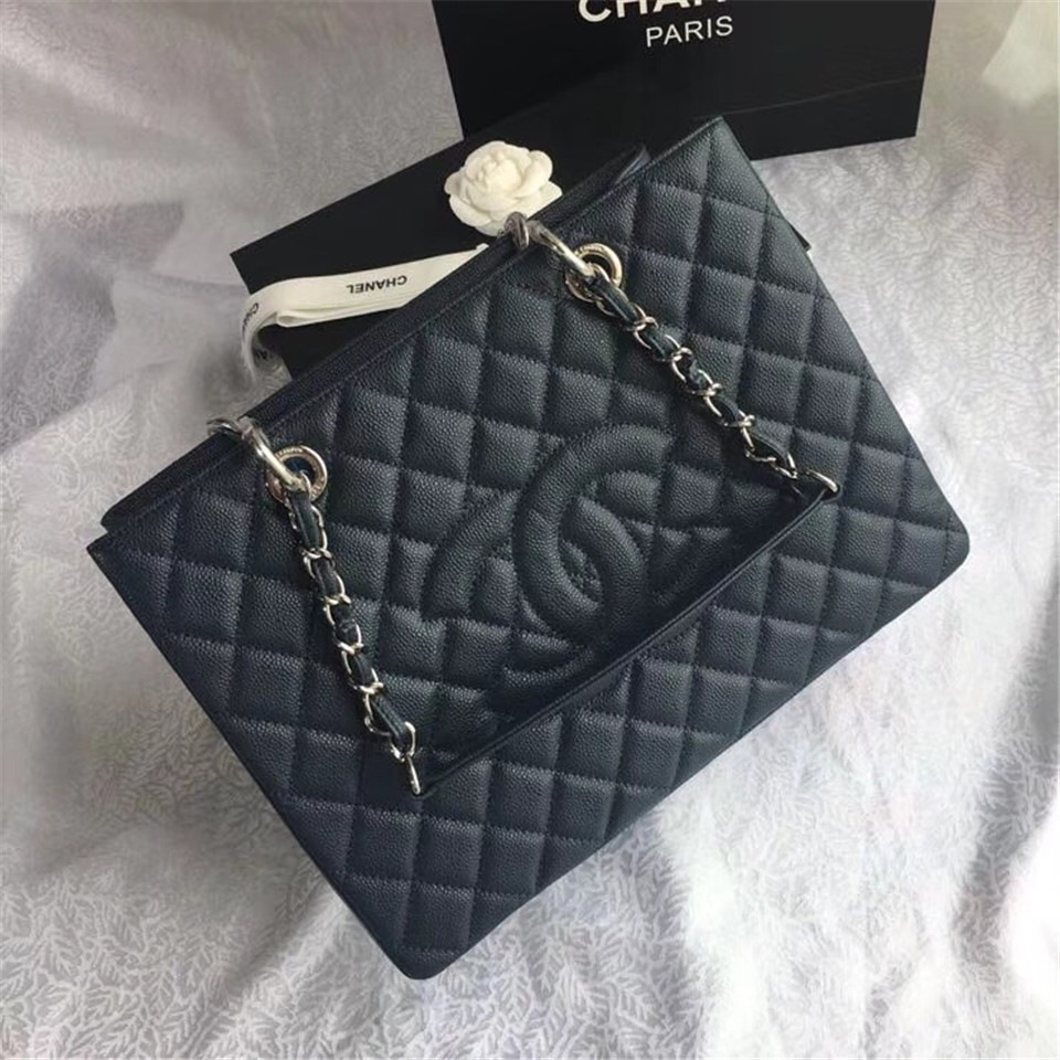 Ch**el original caviar calfskin shopping tote Navy blue bag with silver hardware