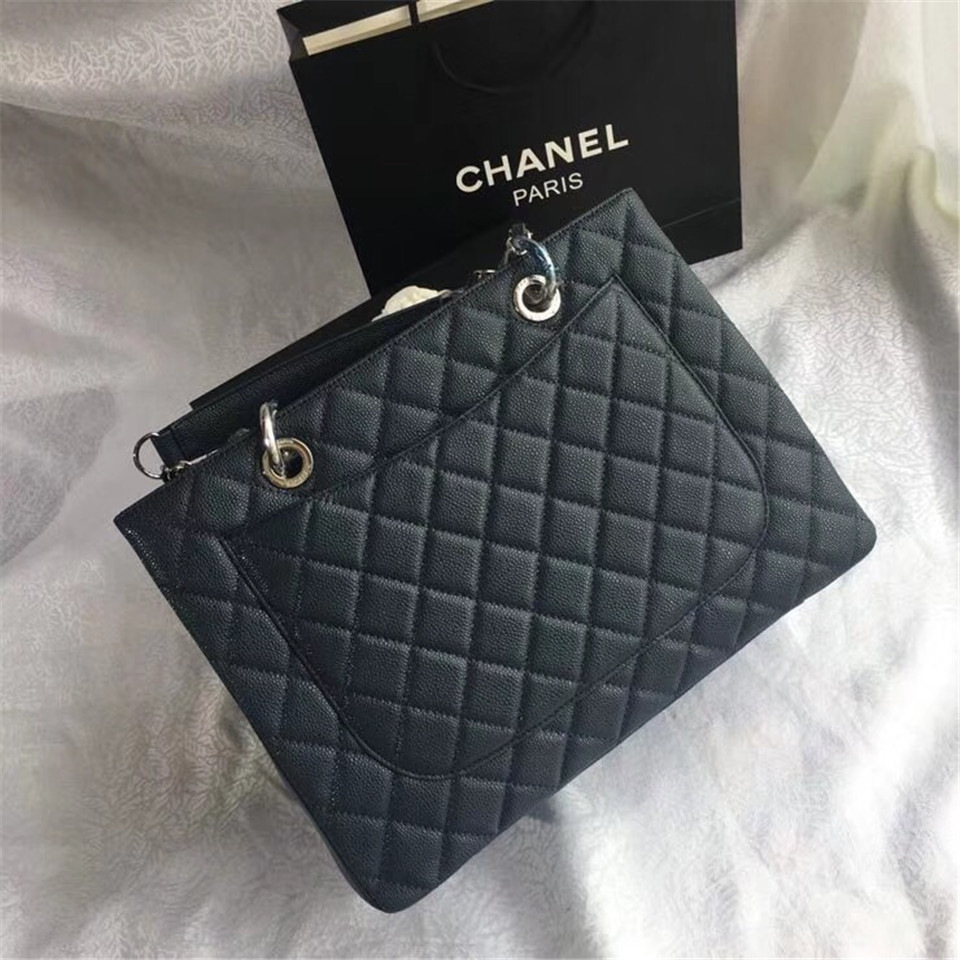 Ch**el original caviar calfskin shopping tote Navy blue bag with silver hardware