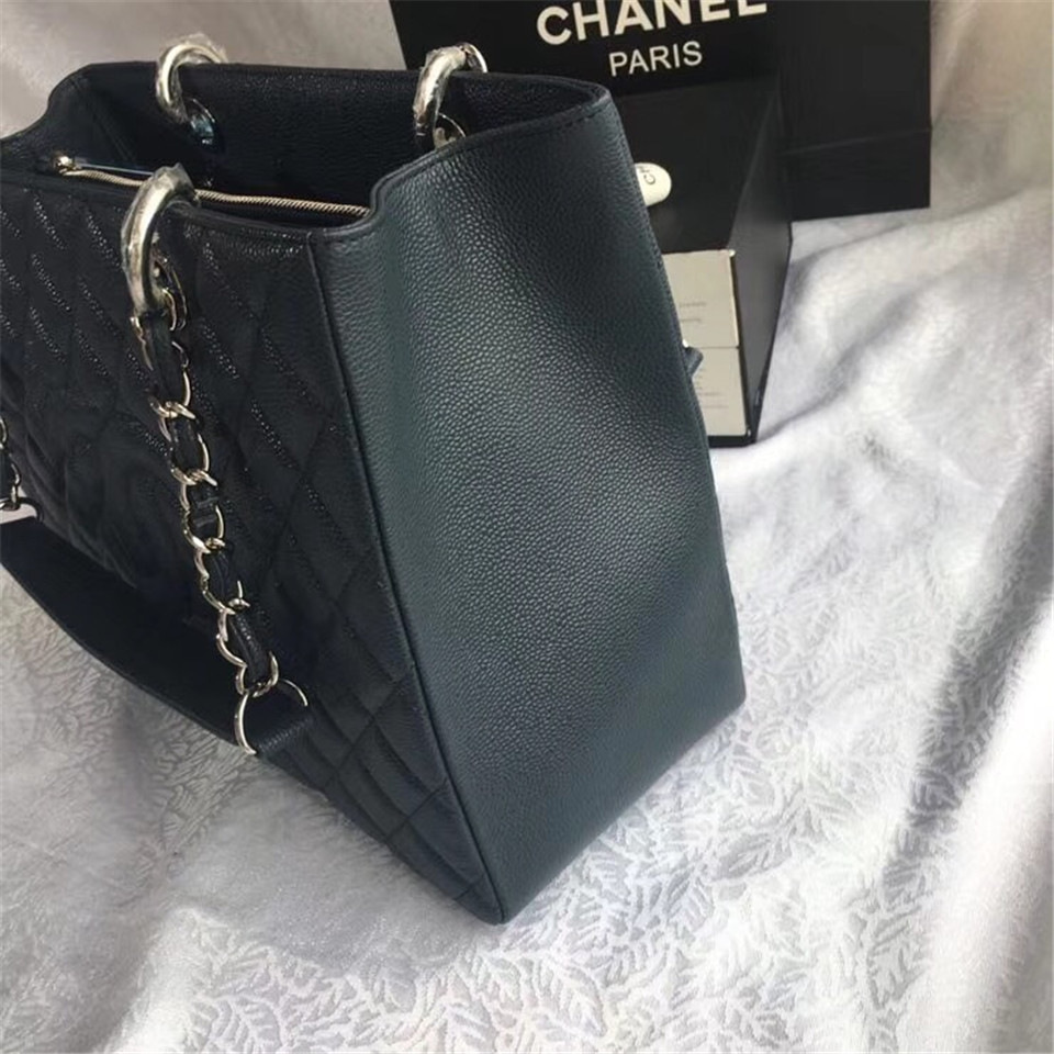 Ch**el original caviar calfskin shopping tote Navy blue bag with silver hardware