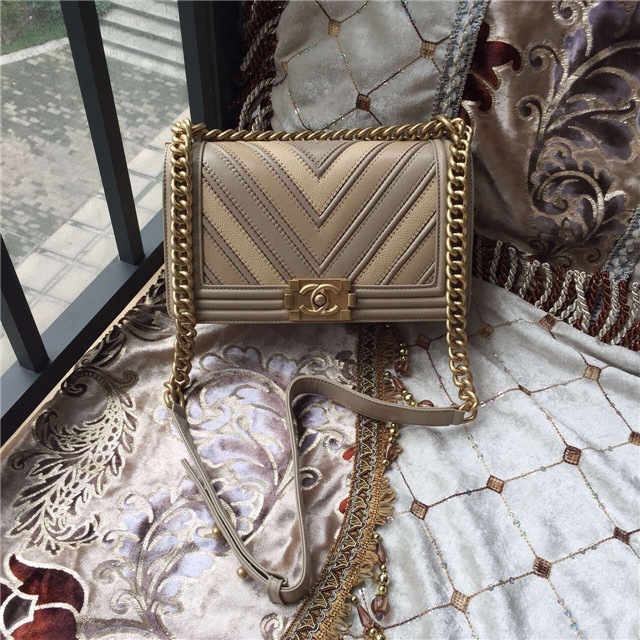Ch**el calfskin Leboy bag beige with gold hardware 25cm