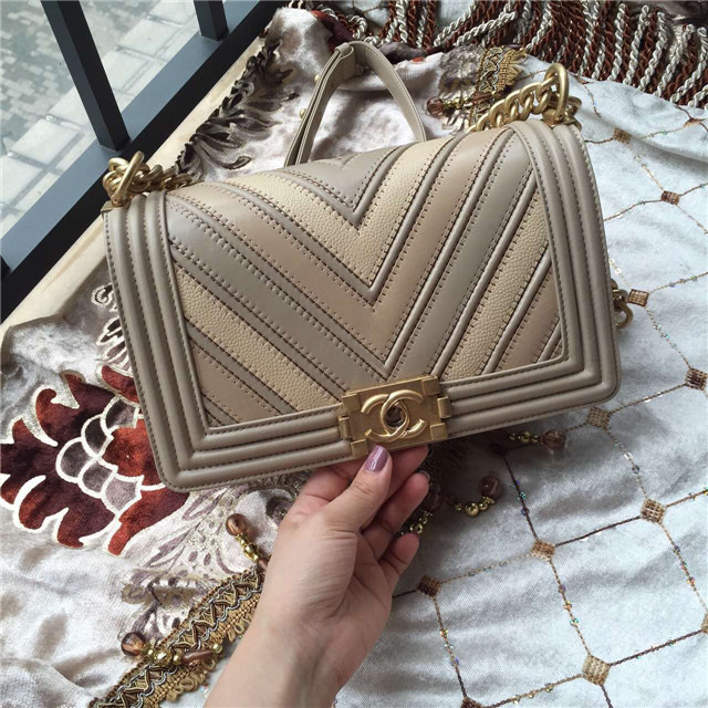 Ch**el calfskin Leboy bag beige with gold hardware 25cm
