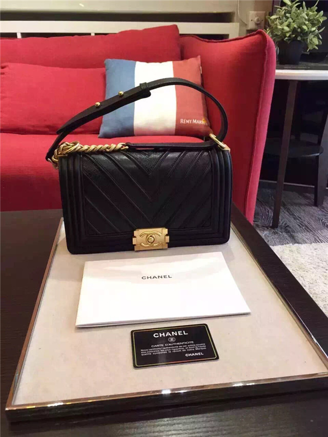 Ch**el calfskin Leboy bag black with gold hardware 25cm