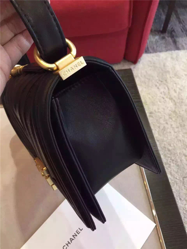 Ch**el calfskin Leboy bag black with gold hardware 25cm