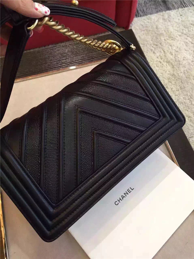 Ch**el calfskin Leboy bag black with gold hardware 25cm