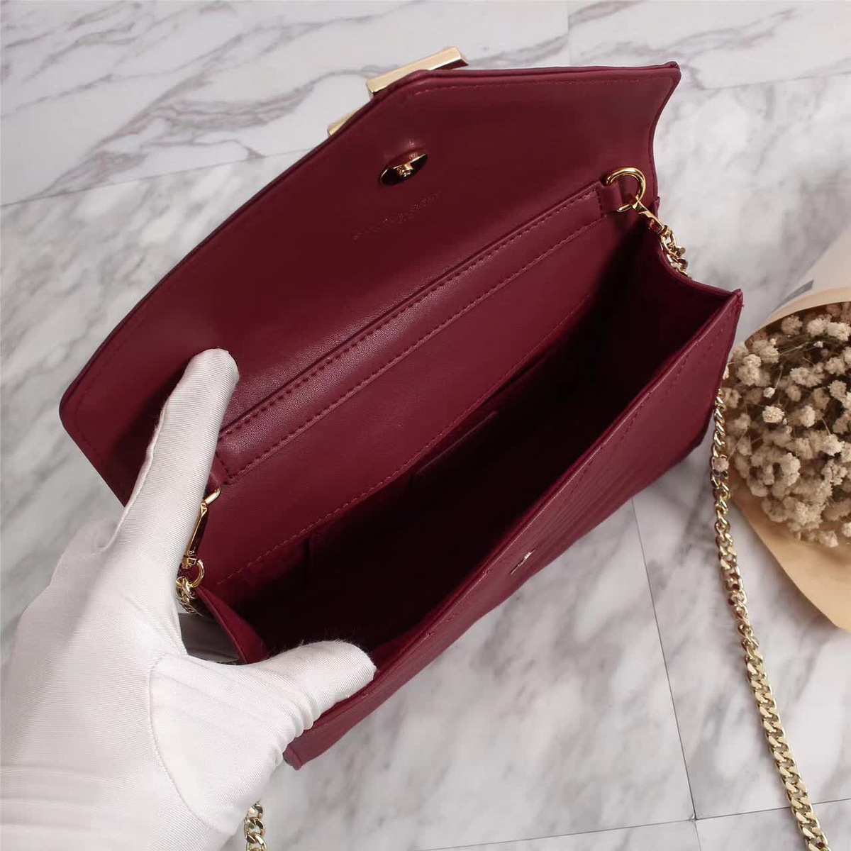 Y51 Leather 30cm Shoulder Bag Golden Chain 26596 Wine Red