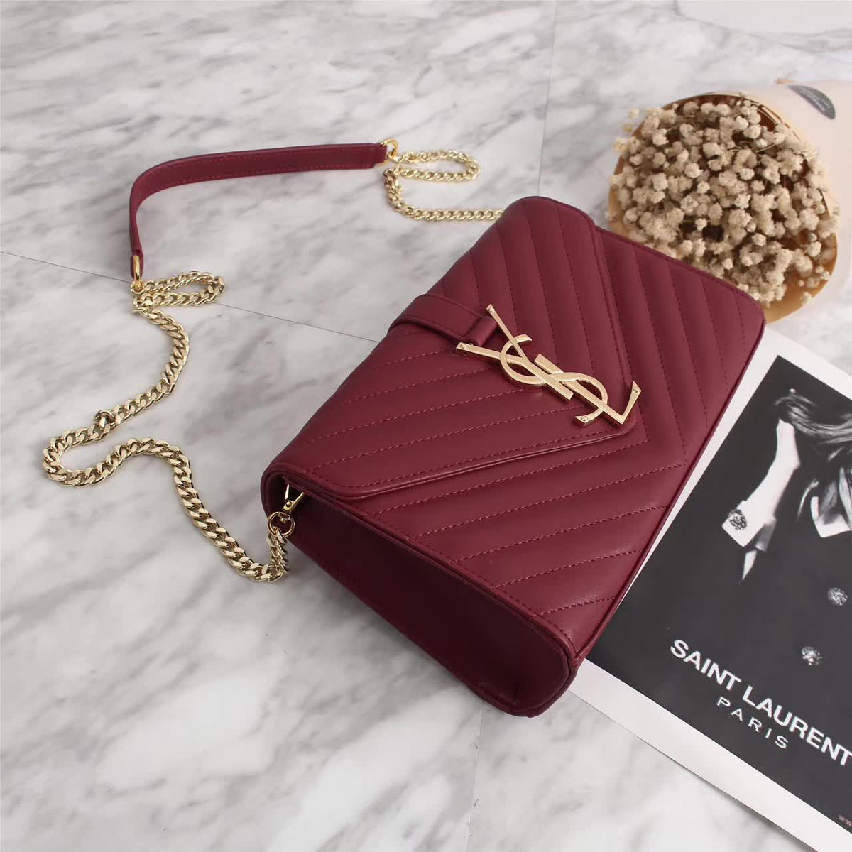 Y51 Leather 30cm Shoulder Bag Golden Chain 26596 Wine Red