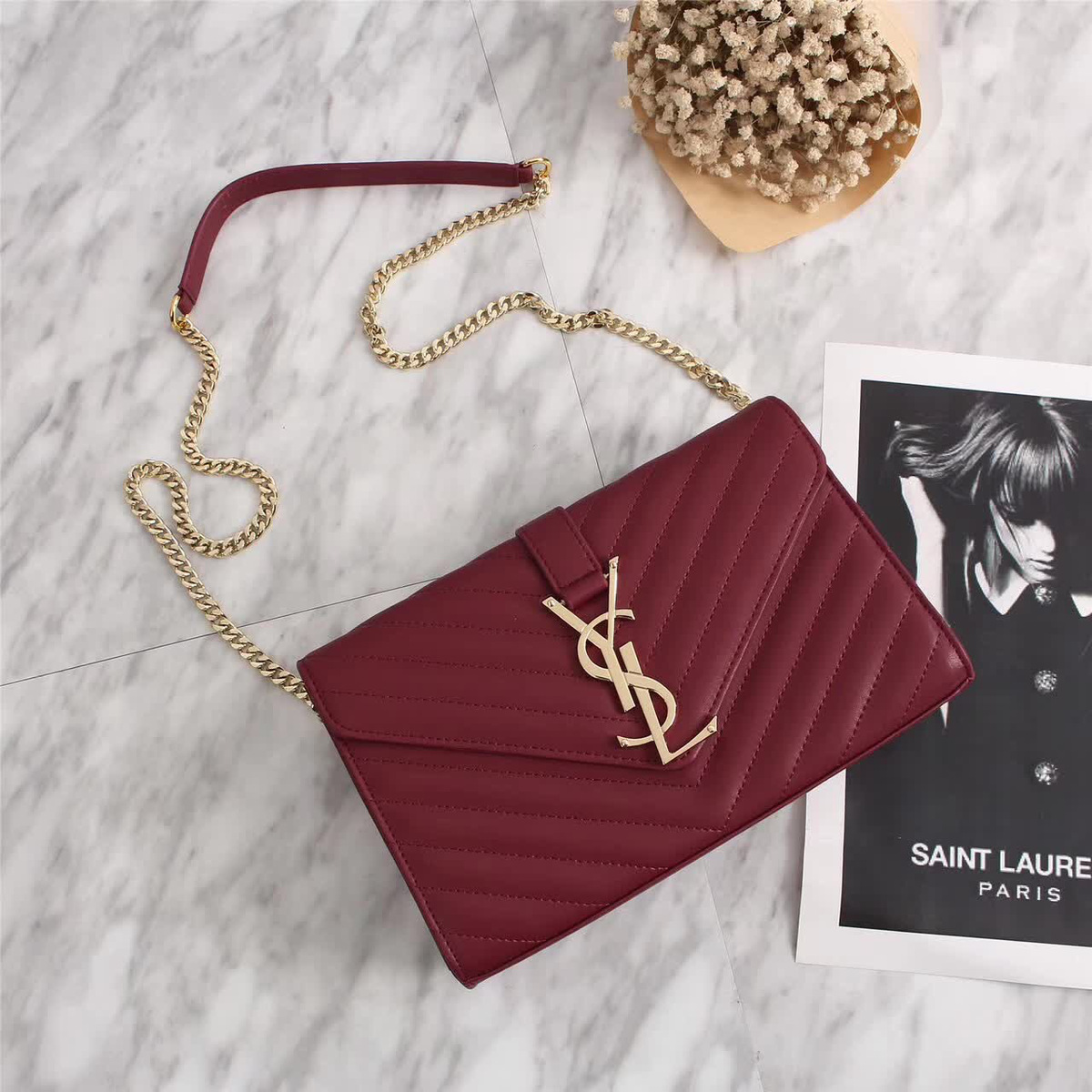 Y51 Leather 30cm Shoulder Bag Golden Chain 26596 Wine Red
