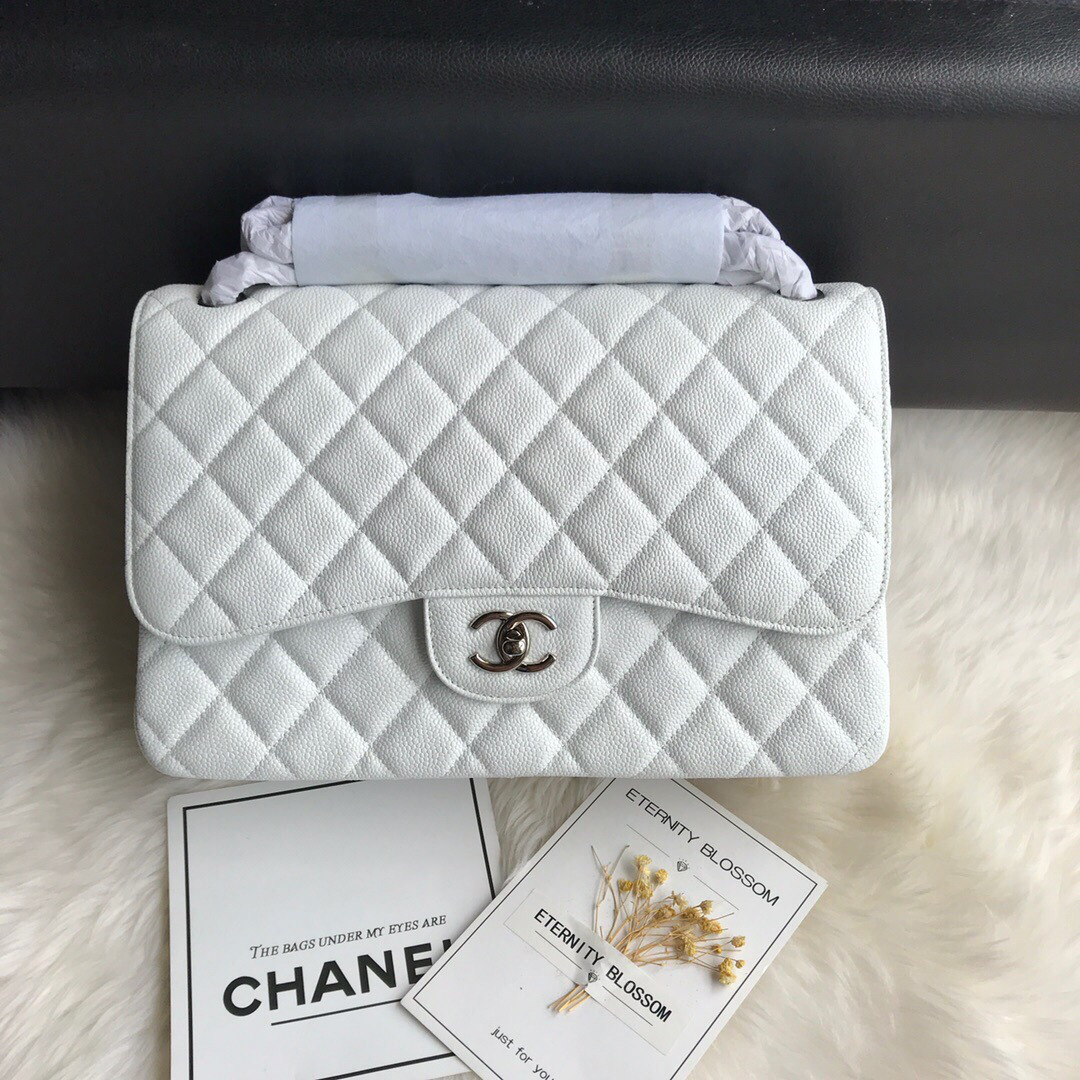 Ch**el Caviar Flap Bag in white 30cm with Silver Hardware