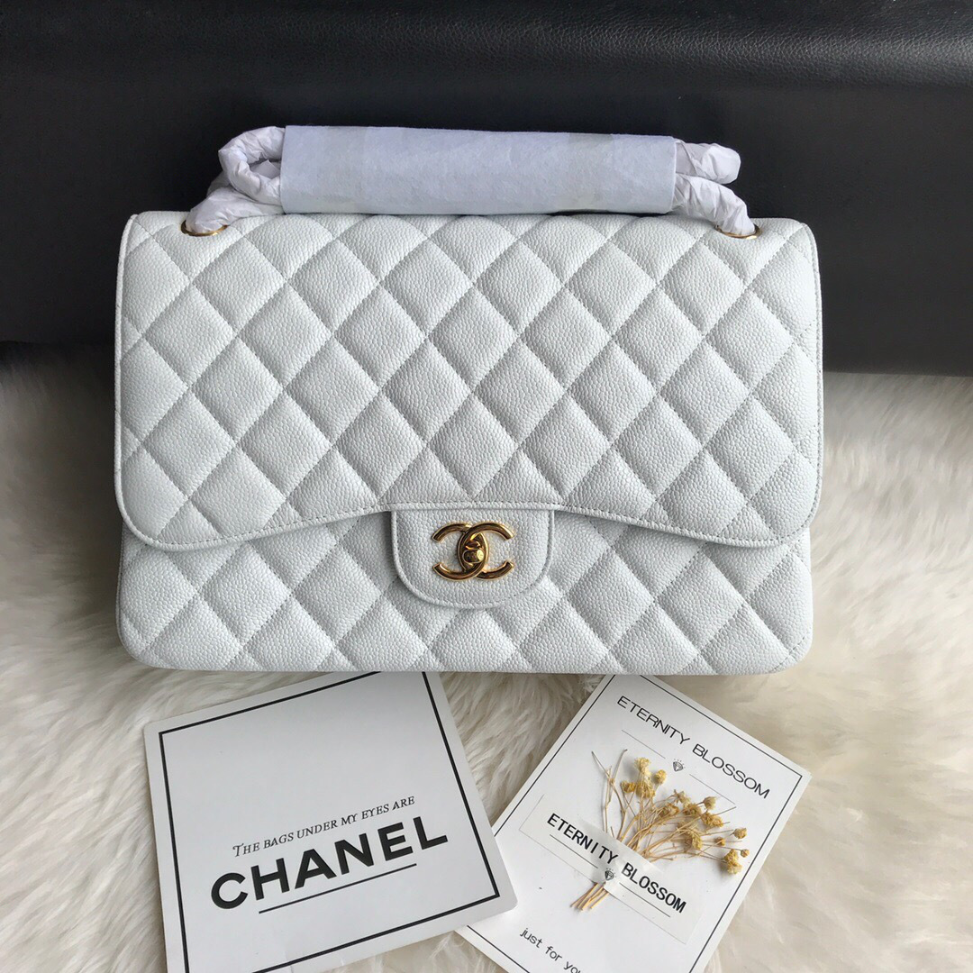 Ch**el Caviar Flap Bag in white 30cm with Gold Hardware