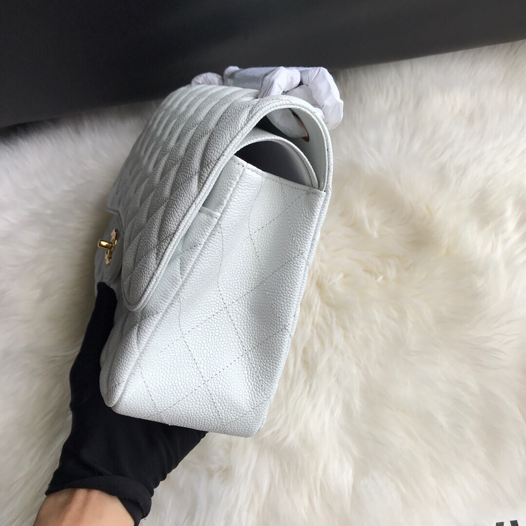 Ch**el Caviar Flap Bag in white 30cm with Gold Hardware