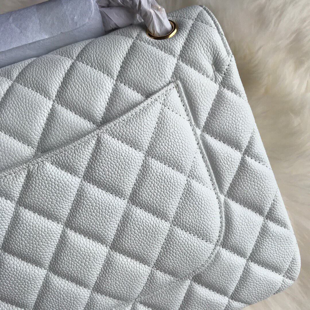 Ch**el Caviar Flap Bag in white 30cm with Gold Hardware