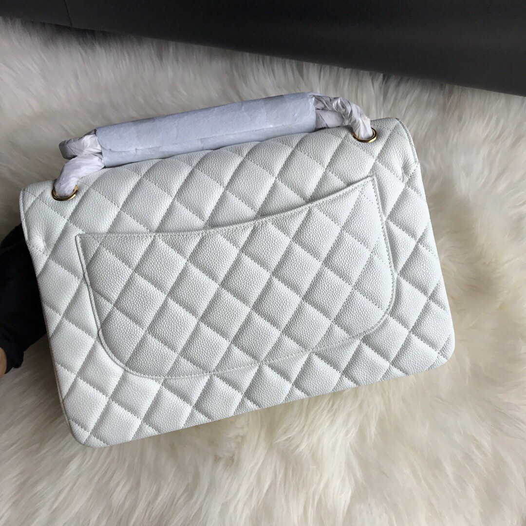 Ch**el Caviar Flap Bag in white 30cm with Gold Hardware