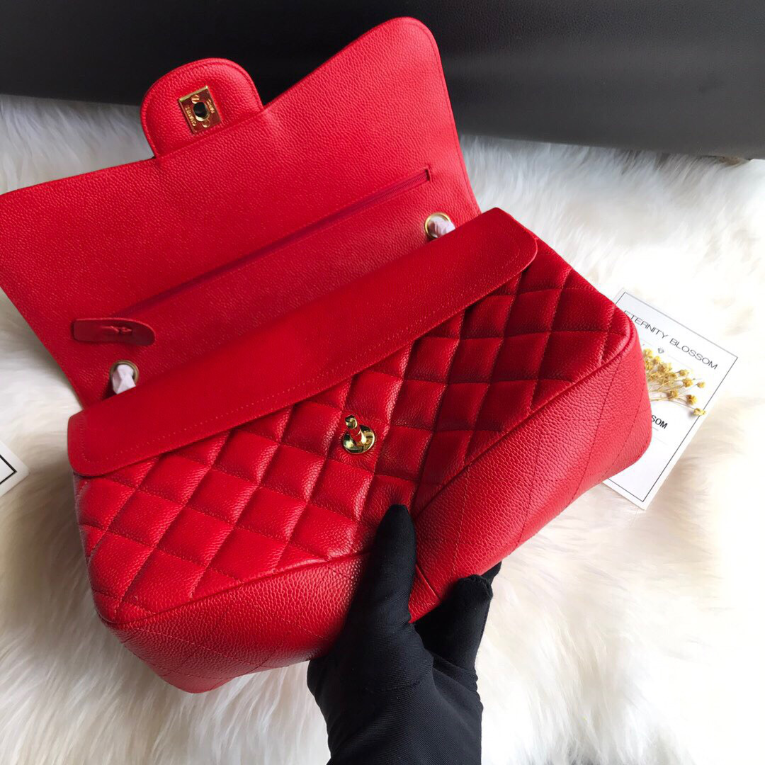 Ch**el Caviar Flap Bag in Red 30cm with Gold Hardware