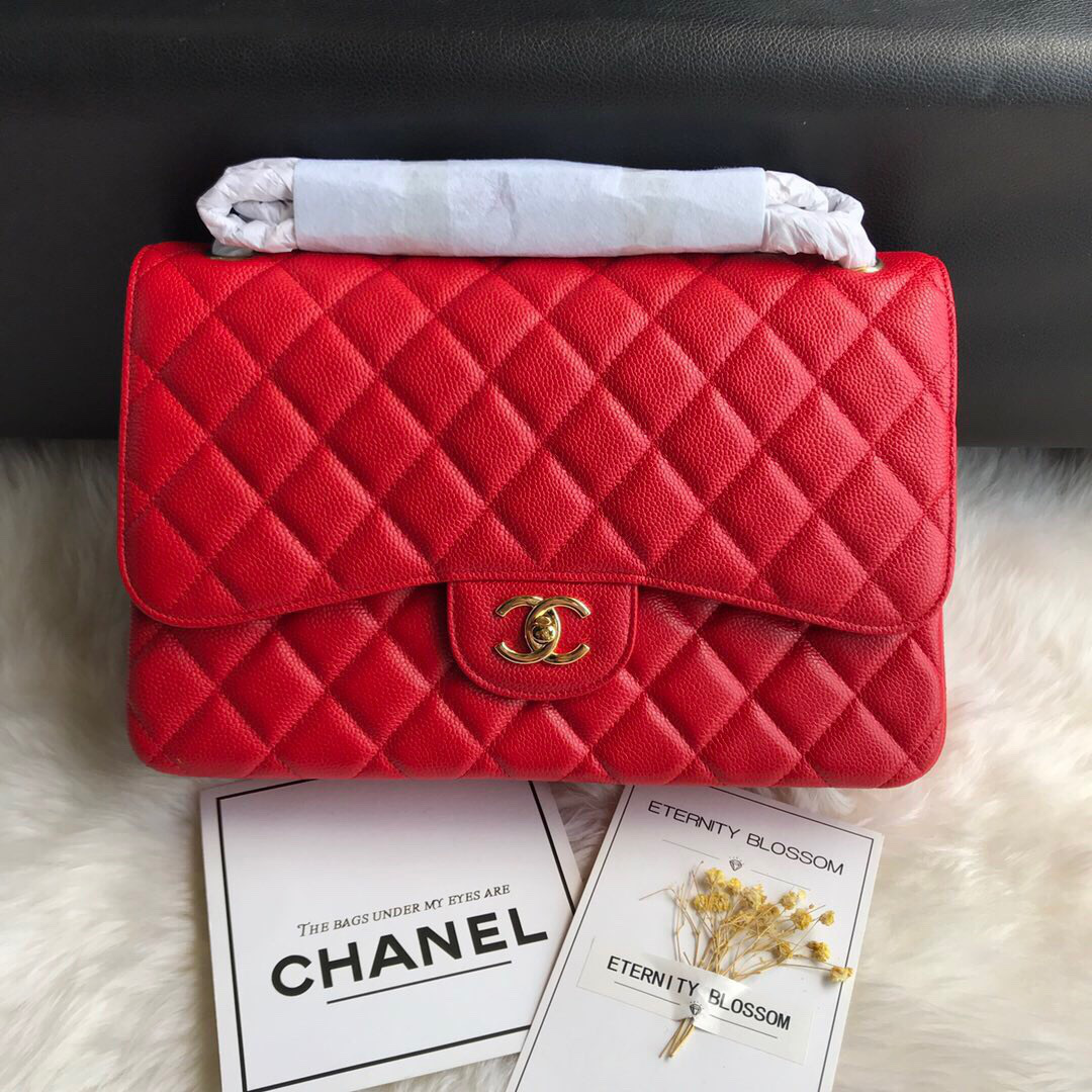 Ch**el Caviar Flap Bag in Red 30cm with Gold Hardware