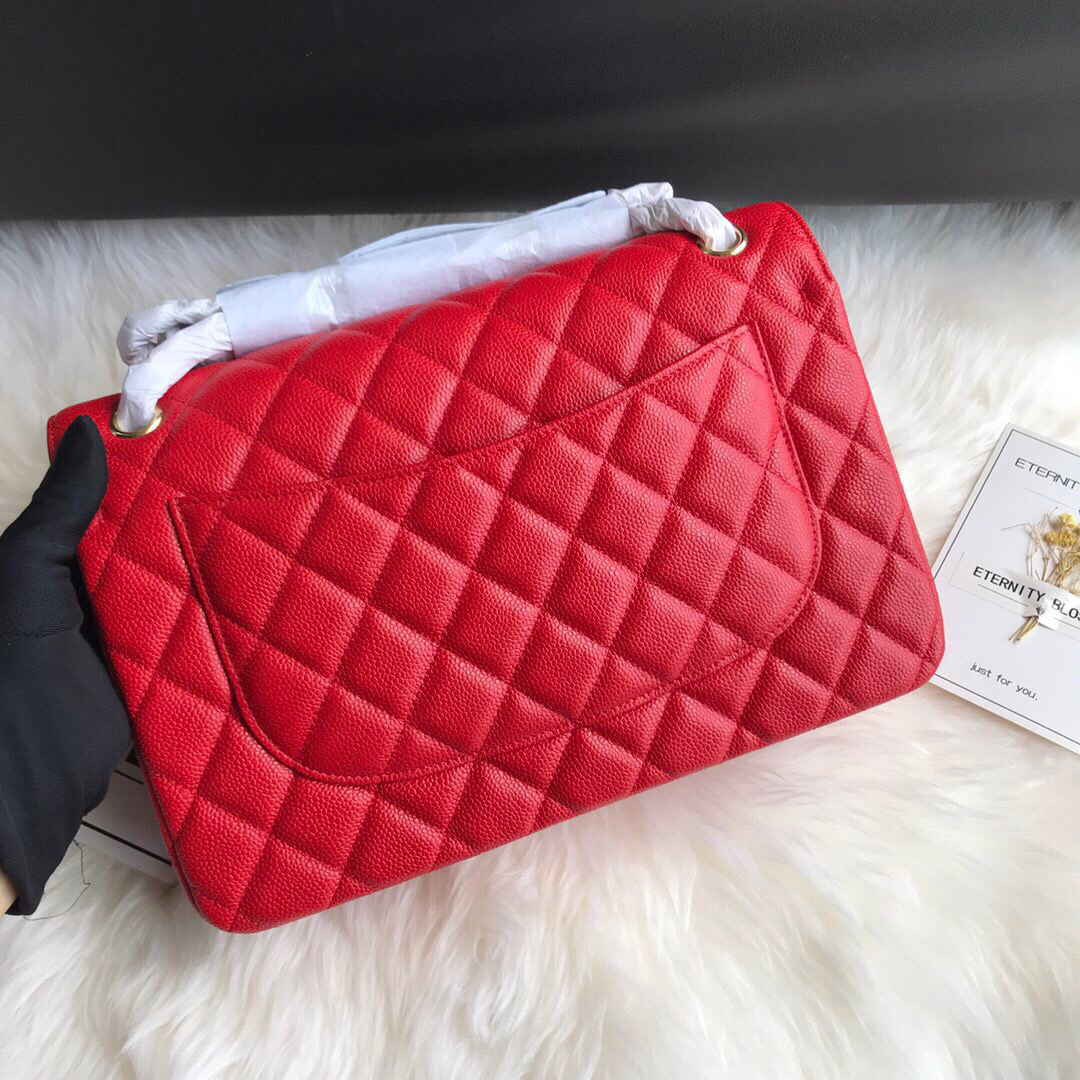 Ch**el Caviar Flap Bag in Red 30cm with Gold Hardware
