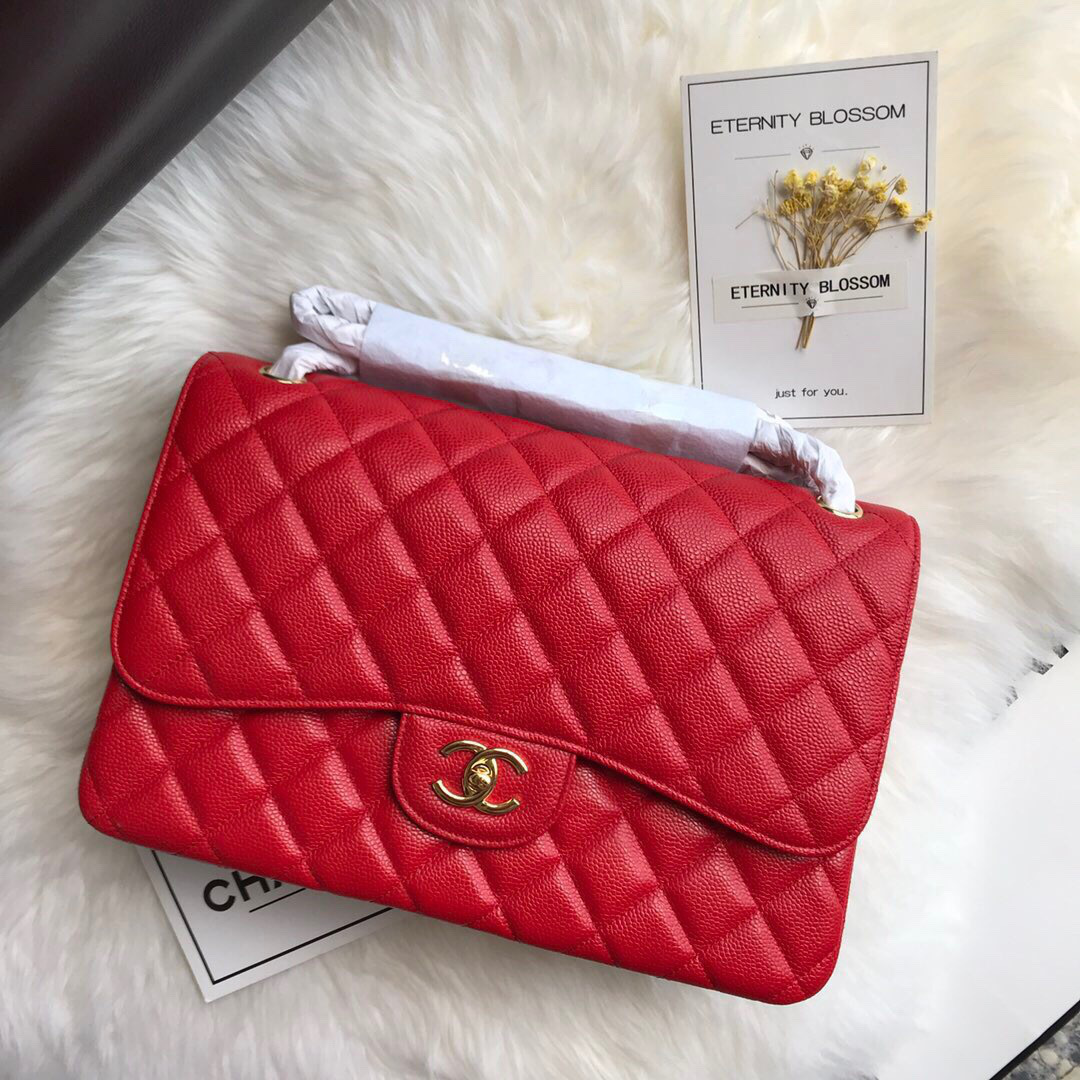 Ch**el Caviar Flap Bag in Red 30cm with Gold Hardware