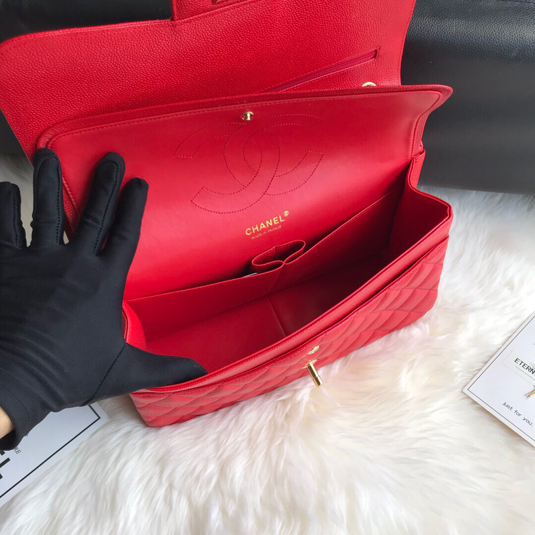 Ch**el Caviar Flap Bag in Red 30cm with Gold Hardware