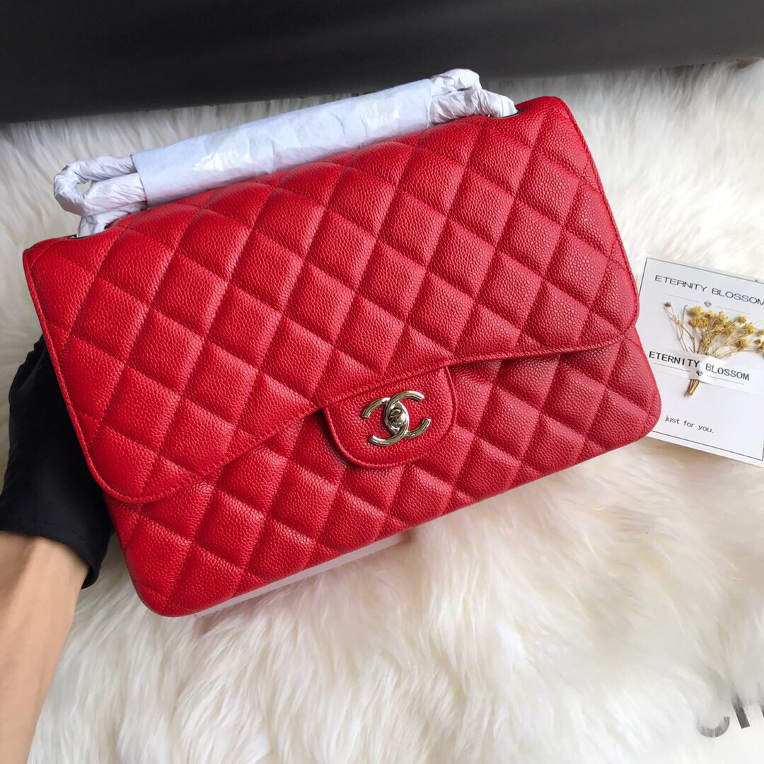 Ch**el Caviar Flap Bag in Red 30cm with Silver Hardware