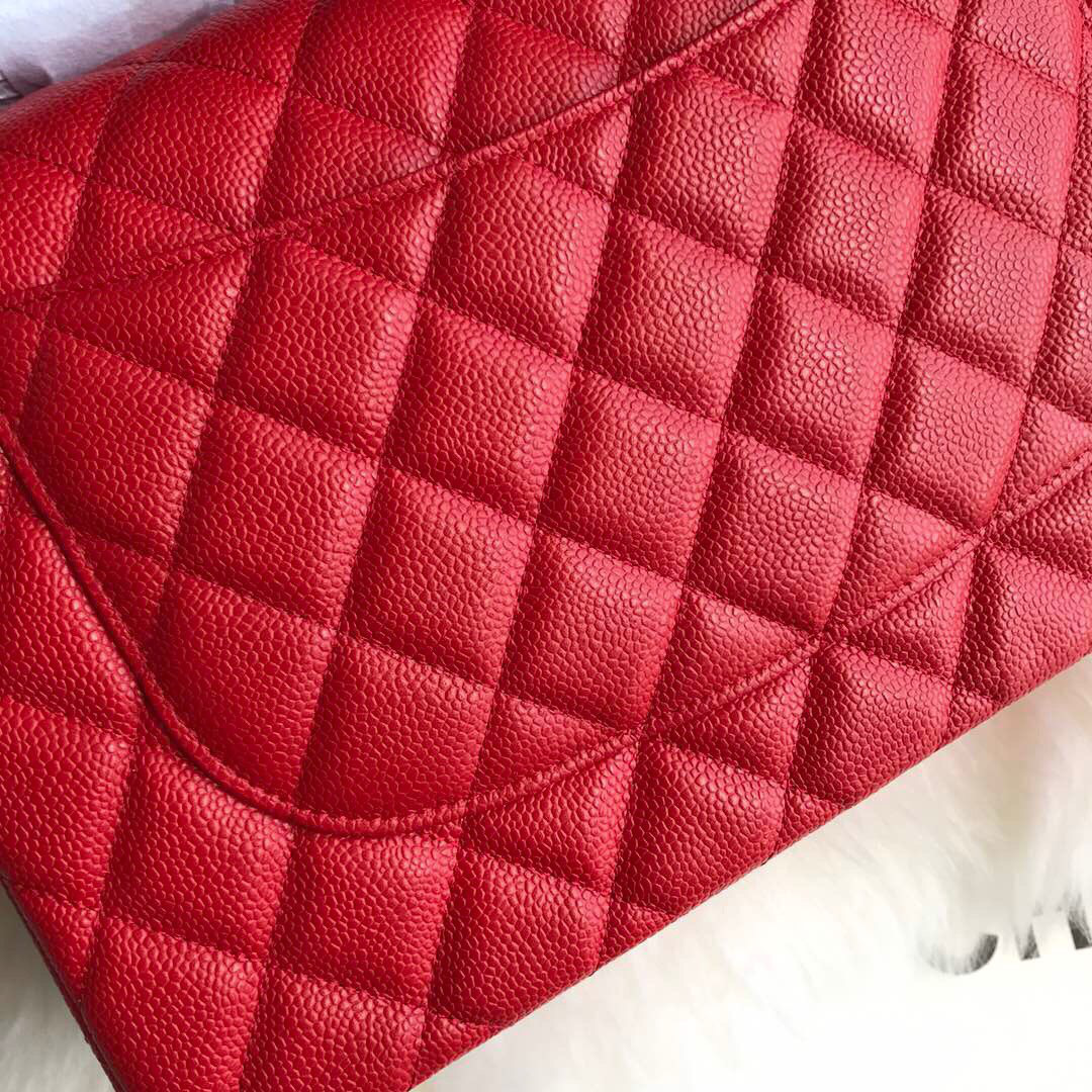 Ch**el Caviar Flap Bag in Red 30cm with Silver Hardware